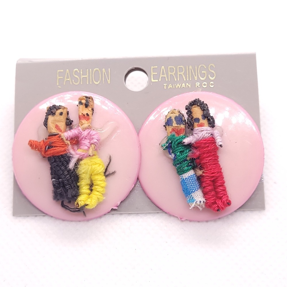 Vintage Taiwan ROC Folk Doll Earrings Pink Round Disc Textile Figural Pierced